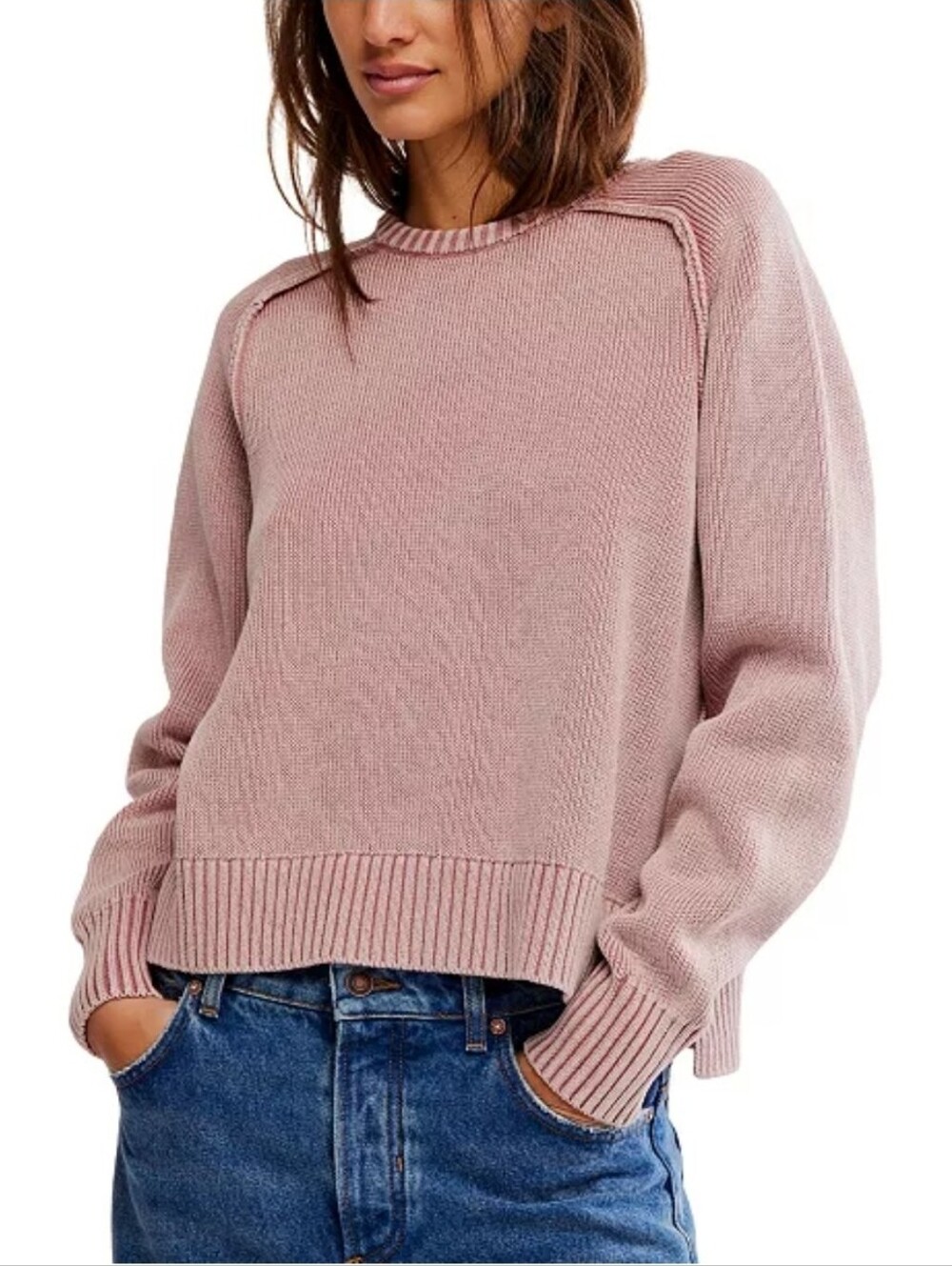 Free People Clover Solid Crewneck Heavyweight Cotton Knit Slouchy Pink Sweater L